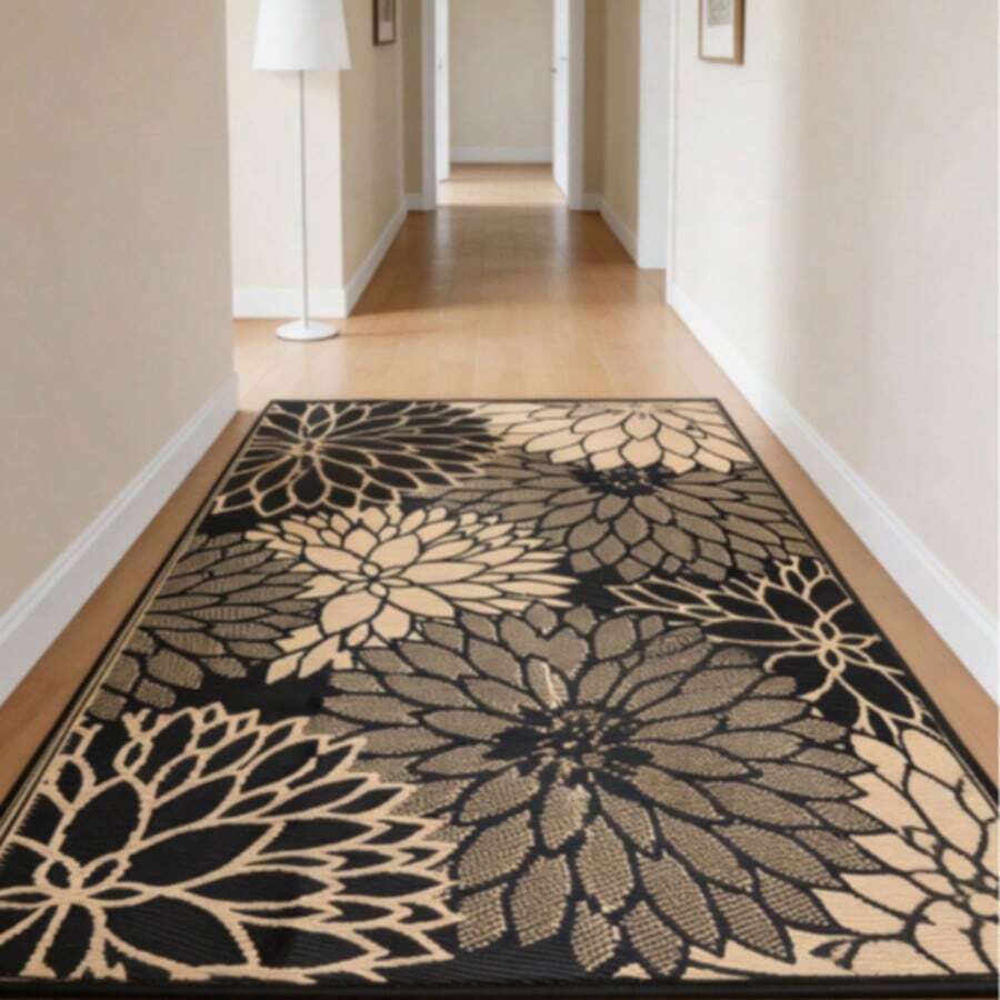 1pc Black Coffee Black Border Floral Rug, Doormat, Small Rug, Welcome Mat, Carpet, Floor Mat, Outdoor Doormat, Kitchen Rug, Home Decor, Front Door Mat, Area Rug, Outdoor Mat, Home Decor, Area Carpet, Garden Rug, Washable Rug - Multicolor - View 1