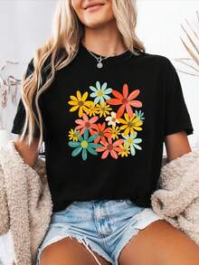 Minimalistisches neues Sommer 2026 Kollektion Ostern Boho Blumendruck Frühling Sommer Lässiges Kurzarm-Rundhals-Sporttop für Damen, kostenloser Versand. Gedämpfte Farbtöne. - Schwarz - Übersicht 1