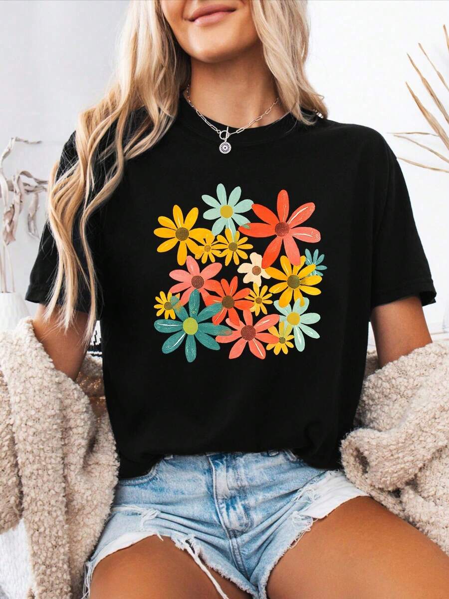 Minimalistisches neues Sommer 2026 Kollektion Ostern Boho Blumendruck Frühling Sommer Lässiges Kurzarm-Rundhals-Sporttop für Damen, kostenloser Versand. Gedämpfte Farbtöne. - Schwarz - Übersicht 1