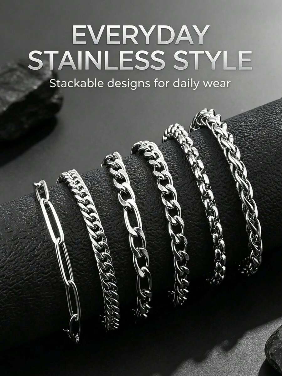 6pcs Minimalist Stainless Steel Chain Bracelet Set, Unisex Non-Fading Stackable Cuban Chain, Suitable For Daily Wear, Music Festival, Party, Vacation Outfit Accessory, Holiday Gift (Note Size: 20+5cm/7.87+1.97in) - Silver - View 1