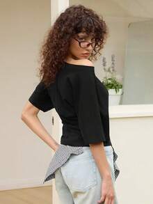 Women's Casual Style Summer Vacationl Ruched Black Short Sleeve T-Shirt For Fall Polyester Round Neck Top With Drop Shoulder, Medium Stretch Comfort - 黑色 - 查看 4
