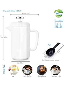Porcelain French Press 650ml, Coffee Tea Maker With Stainless Steel Plunger, Ivory Father's Favorite Gift - Above 2L - View 2