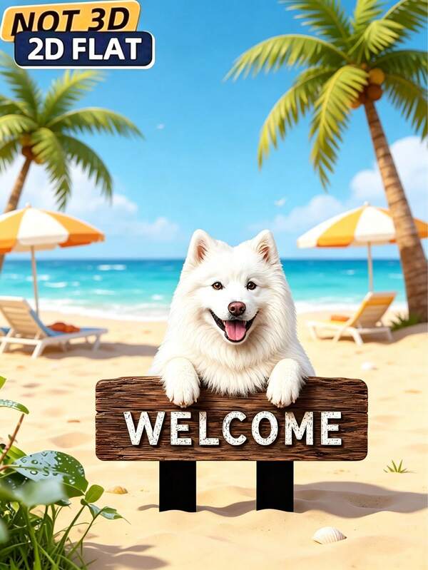 2D Flat Samoyed Dog Welcome Yard Stake, Cute White Samoyed Peeping Welcome Sign Garden Stake Decoration, Waterproof Outdoor Lawn Front Porch Fence Decoration, Countryside Dog Silhouette Courtyard Art Courtyard Backyard Home Landscape Decoration