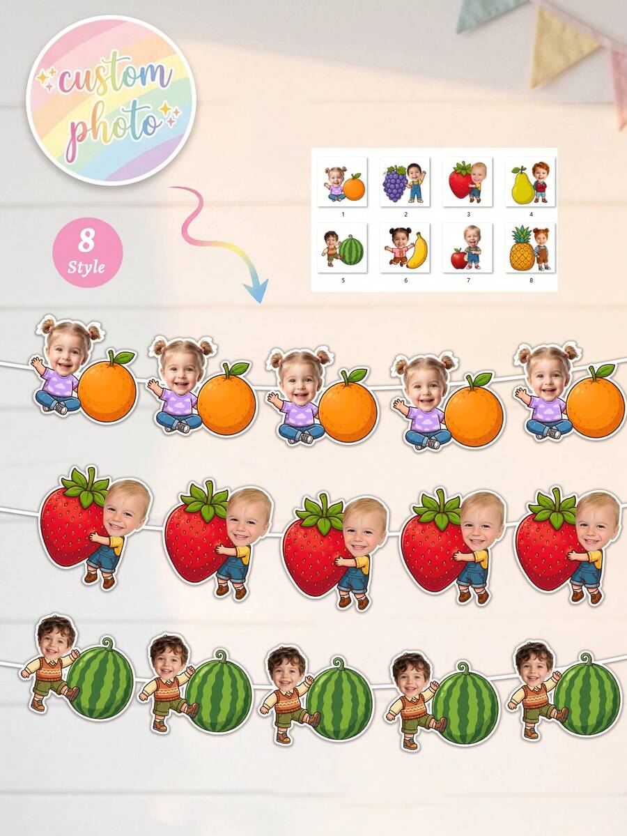 Custom Children's Tropical Fruit Face Banner, 1st Birthday Hanging Flag, Summer Yard Decoration Garland, Baby Shower Party Decor, Tutti Frutti Party Favors, Children's Milestone - Multicolor - View 1