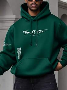 Men's Autumn/Winter Casual Fashion Versatile Daily Commute Minimalist Letter Slogan Print Kangaroo Pocket Drawstring Hooded Sweatshirt - Green - View 1