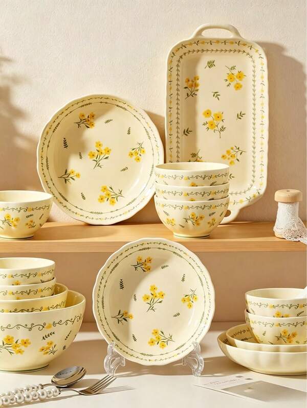 2026 New Rustic Ceramic Plate, Yellow Glaze Spring Floral Design High-Quality Dinner Plate, Suitable For Hotel, Restaurant, Home Use, Can Be Used As Housewarming, Wedding, Holiday Gift - Ceramic Lotus Plate