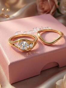 Tsnamer Stackable Gold Round Zirconia Women's Anniversary & Engagement Ring Set - Yellow Gold - View 5
