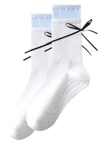 1 Pair Women's Pilates Yoga Socks, Silicone Non-Slip Sports Floor Socks, Faux Double Layer Design, Ballet Style With Bow And Ribbon Mid-Calf Socks - Multicolor - View 15