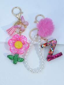 1pc Resin Starry Sky Epoxy Letter Keychain With Black Fur Ball Tassel Decor, Heart Pendant Gift For Friend And Mom - Hot Pink - View 22