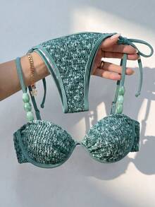 Bikinx Set Bikini Wanita Bertekstur dengan Tali Bahu Tipis Berhiaskan Manik-Manik dan Desain Ikat Belakang, Cocok untuk Liburan Pantai Musim Panas - Dark Green - View 1