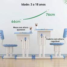 Conjunto Mesa e Cadeira Ajustáveis para Estudo, Altura Regulável para 3-18 Anos – Design Ergonômico, Material Seguro E0, Porta-canetas, Gaveta e Gancho – Cantos Arredondados, Respirável – Durável e Resistente - Azul - Visão 4
