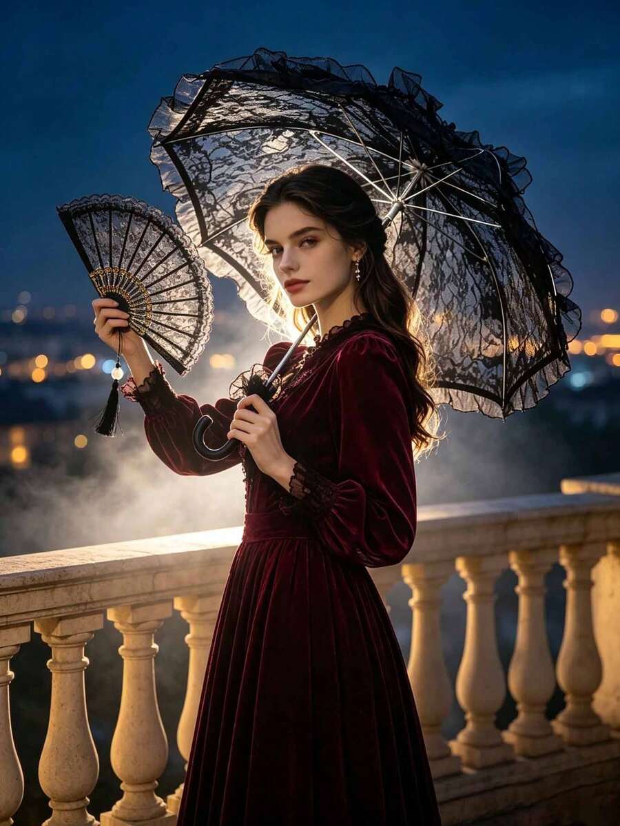 Black Lace Umbrella + Lace Fan With Hanging Pendant, For Festivals. Gothic Style Halloween Accessories In Black, Perfect For Bridal Parties. - Multicolor - View 1