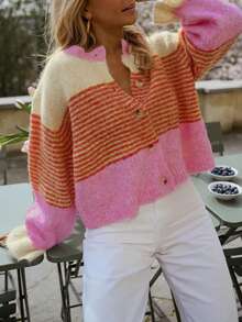 Women's Knitted Striped Contrast Color Cardigan, Long Sleeve, Button Detail Pink Fall - Pink - View 4