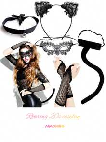 1pc/1set 1920s Flapper Full Accessory Set, Sexy Idol Cosplay, Halloween & Christmas, Vintage & Glam, 2 Sets Main Items, Stockings & Veil: Accessories - Black - View 4