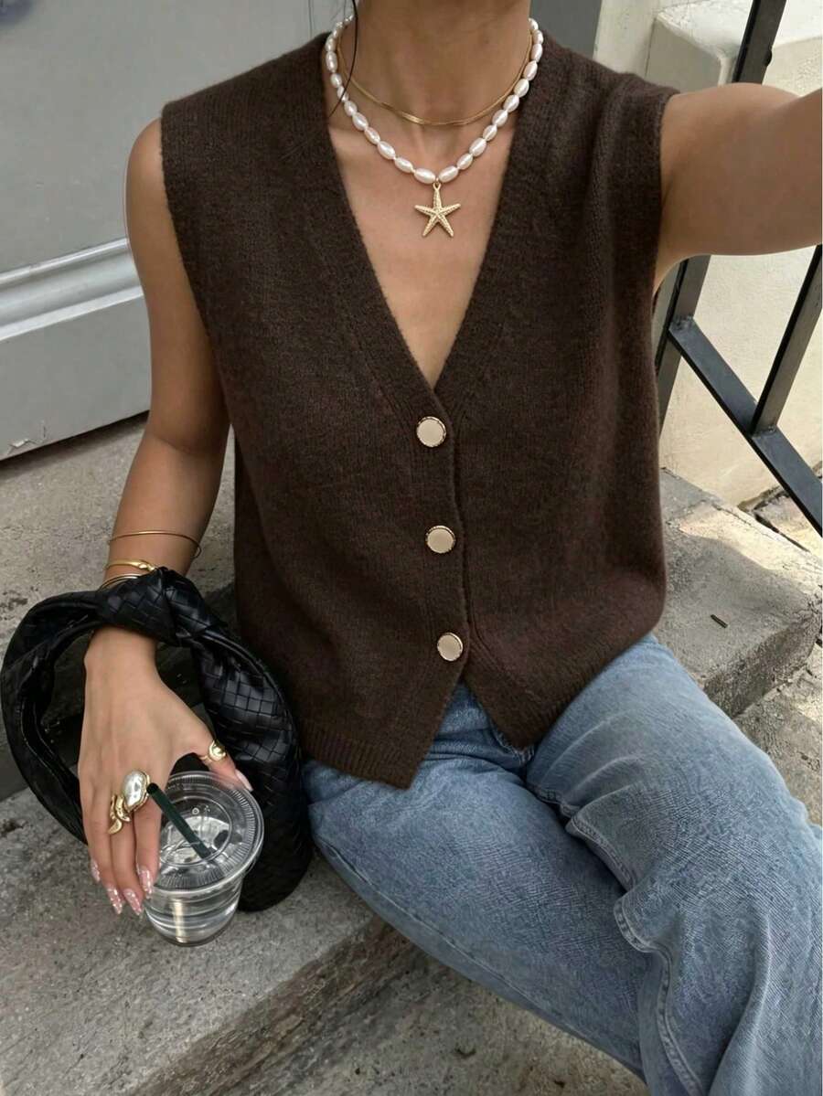 1pc Women's Solid Color Sweater, Knitted Knit Button-Up V-Neck Sleeveless Cardigan Vest Knitted Top Brown Fall - Brown - View 1