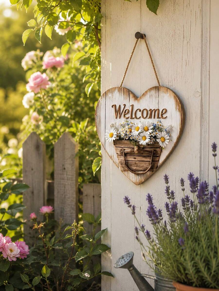 1PC Rustic Heart-Shaped Wooden Welcome Sign, Daisy Basket Garden Fence Decoration, Farmhouse Style Door Handle Ornament, Suitable For Porches, Terraces, Patios, And Other Spring Home Decor. - Multicolor - View 1