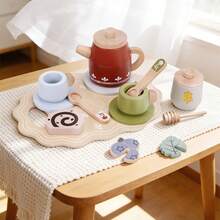 1 Set Children's Wooden Simulation Afternoon Tea Pot & Cup Tea Set, Pretend Play Tea Party Wooden Kitchen Toy - Multicolor - View 5