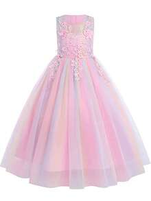 Tween Girl Colorful Tulle 3D Floral Princess Dress, Wedding Flower Girl, Birthday Party, Holiday Gathering, Host, Piano Performance Evening Gown - Multicolor - View 3