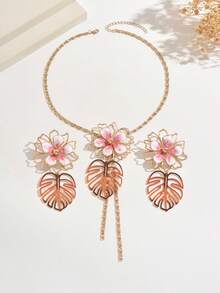 3Pcs/Set Boho Tropical Flower Monstera Leaf Jewelry Set, Gradient Earrings Y Tassel Necklace, Women Summer Beach Vacation Statement Accessory Gift - Gradient Powder - View 3