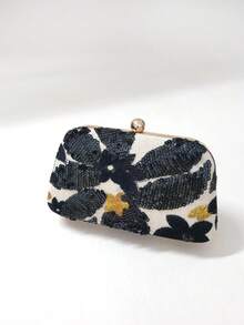 LJDCRFT Elegant Floral Sequin Vintage Embroidered Clasp Evening Bag, Hard Shell Design, Suitable For Weddings, Proms, And Dates. - Black - View 6
