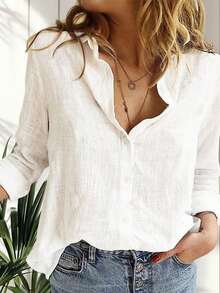 Women's Cotton Linen Blouse With Long Sleeves, Plus Size - White 2 - View 4
