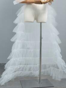 1 Pc Layered White Tulle Train Wrap Skirt Tie Waist Ruffle Tutu Overlay For Wedding Bride Evening Formal Party Dress Layering Accessory - A - View 6