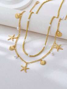 2pcs/Set Bohemian Style Ocean Shell & Starfish Beaded Waist Chain, Exquisite Adjustable Summer Bikini Belly Body Jewelry, Women's Beach & Daily Wear - Gold - View 3