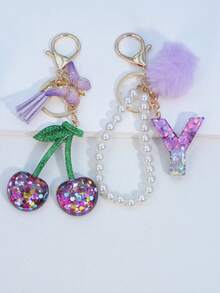 1pc Resin Starry Sky Epoxy Letter Keychain With Black Fur Ball Tassel Decor, Heart Pendant Gift For Friend And Mom - Mauve Purple - View 32