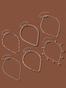 6Pcs Multi Layer Silvery Anklet Set Figaro Chain Rhinestone Dangling Charm Stackable Ankle Bracelets Women Summer Beach Foot Jewelry - Silver - View 3