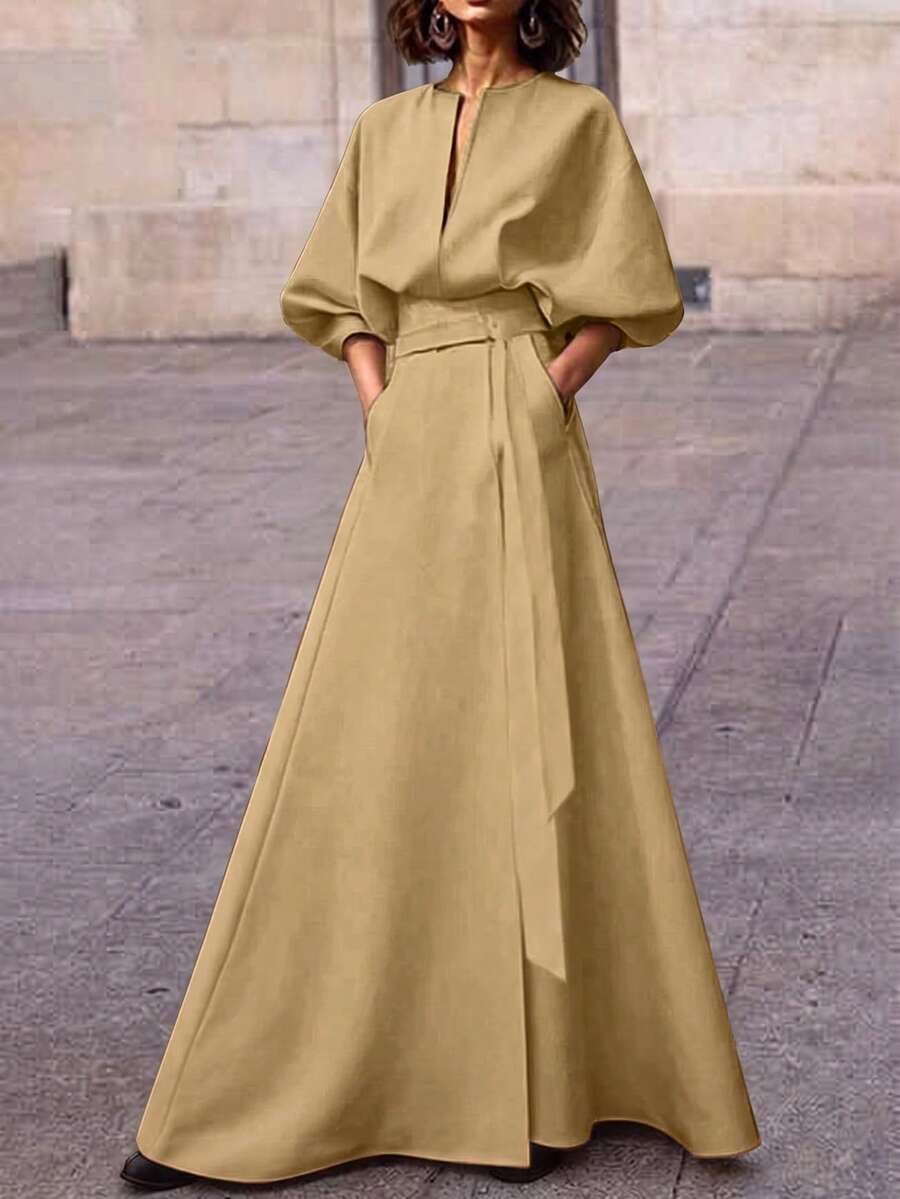 Solid Plain Print Sash Belt Decor V Collar Puff Balloon Sleeve A Line Maxi Dress For Formal Banquet Wedding Holiday,Elegant/Casual/Holiday Summer - Khaki - View 1