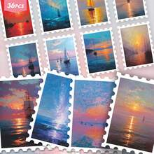 36PCS Vintage Seascape Sunset Stickers, Retro Oil Painting Style & Ocean View Aesthetic Cutout Sticker Set For Journals, Scrapbook, Planner & Collage - Stamp - View 2