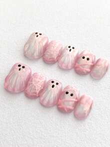 10PCS Sweet & Cool Y2K Cute 3D Pink Ghost Halloween Press-On Nails, Short Square Mesh Spider Web Design, Shiny Reusable Handmade Fake Nails, Suitable For Girls' Halloween Manicure, Short Round False Nails - Pink - View 2