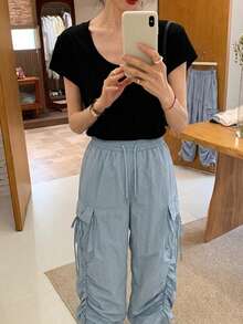 YCYC Design 抽繩綁帶蝴蝶結裝飾女款百搭休閒長褲 - 藍色 - 查看 4