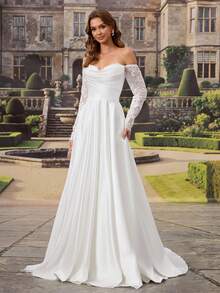 HEARBOBO Vintage Off-Shoulder Wedding Dress, Long Bridal Gown With Exquisite Lace Embroidery And Half Sleeves Fall White - White - View 8