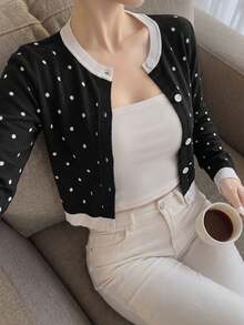 2026 Preppy Polka Dot Knit Cardigan, Elastic Knit Fabric Slimming Cardigan For Women 18-35 Years Old Vacation - Black Background With White Dots - View 7
