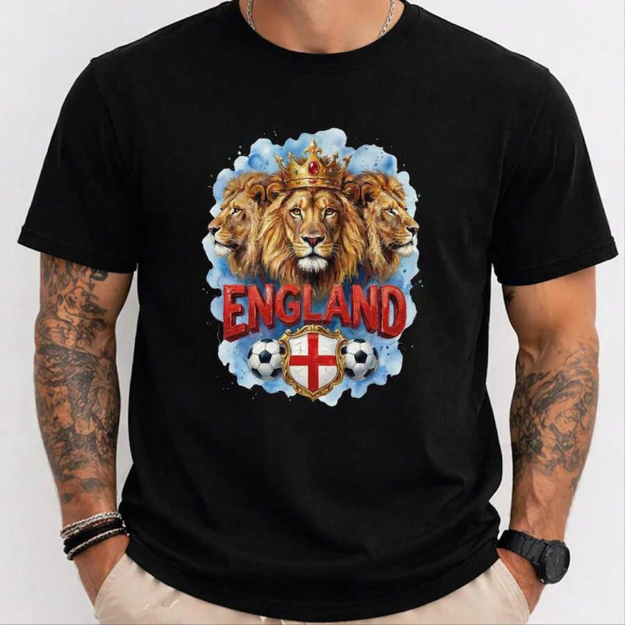 Camiseta de fútbol de Inglaterra, camiseta de fútbol con los tres leones, ropa con diseño de la corona británica, ropa con la cruz de San Jorge, regalo para fanáticos del Reino Unido. - Negro - Ver 1