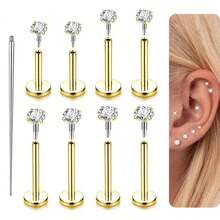 9pcs/Set 16G Stainless Steel Internal Threaded Lip Ring, Nose Stud, Ear Stud With CZ, Suitable For Cartilage, Medusa, Monroe Piercing, Unisex Piercing Jewelry Set - Multicolor - View 8