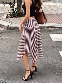 DONICY Women's Summer Striped Midi Skirt - Brown & White Asymmetrical Wrap Skirt, For Beach, Vacation & Casual Wear Fall - Coffee Brown - View 2