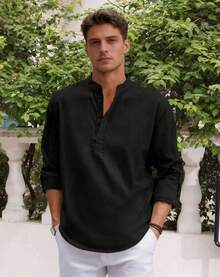 Men's Cotton Linen Long-Sleeved Shirt - 黑色 - 查看 10