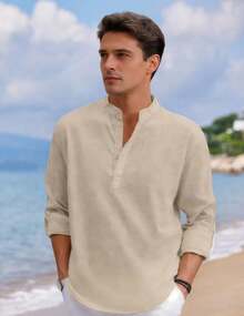 Men's Cotton Linen Long-Sleeved Shirt - 卡其色 - 查看 9