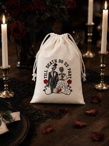 10pcs Humorous Halloween Skull Wedding Drawstring Gift Bags, Bachelorette Party Gift Bags, Gothic-Style Wedding Planning Bags Featuring Skulls And Roses, Halloween Couple Party Decorations, Unique Wedding Bags - Multicolor - View 1