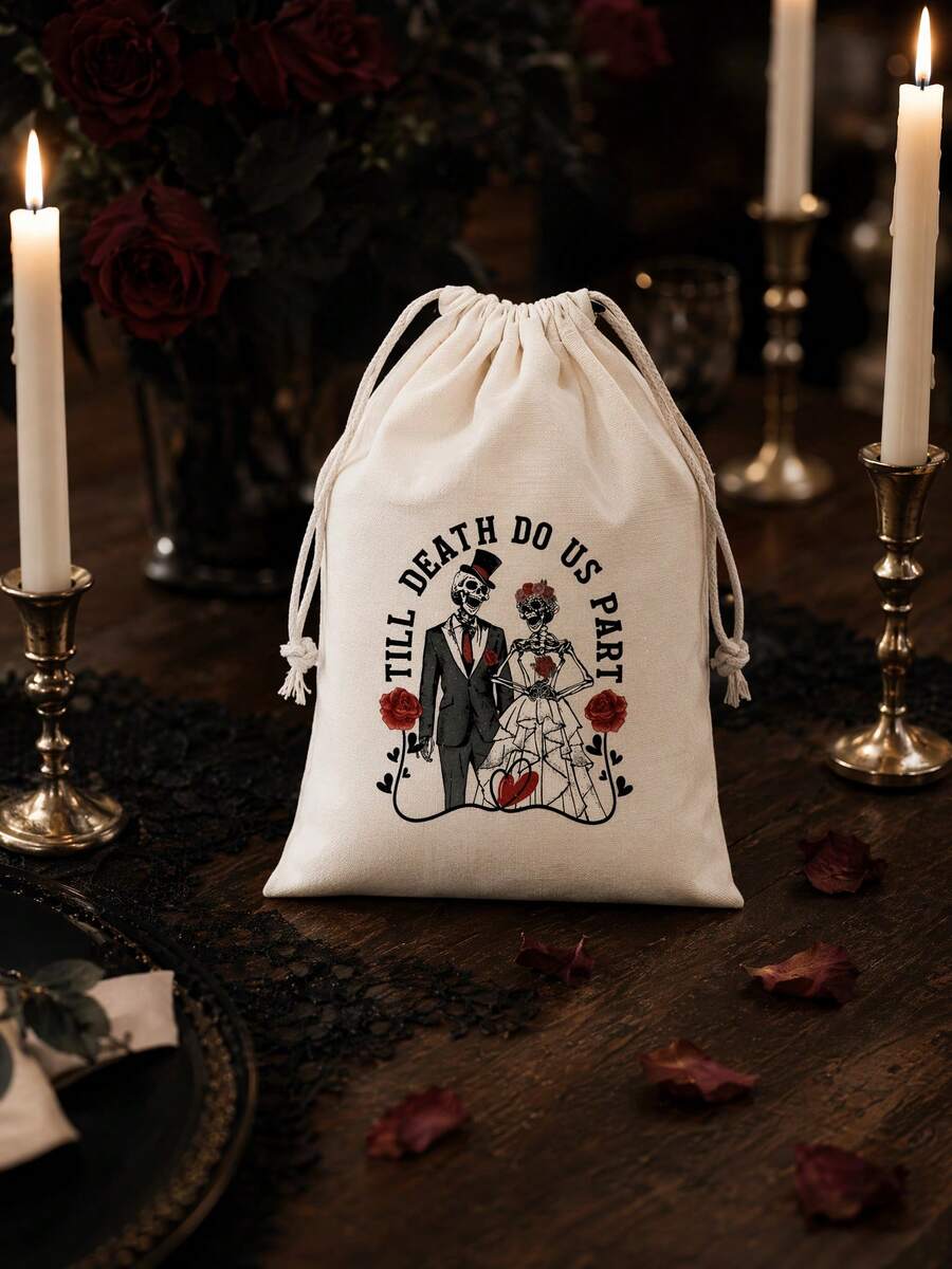 10pcs Humorous Halloween Skull Wedding Drawstring Gift Bags, Bachelorette Party Gift Bags, Gothic-Style Wedding Planning Bags Featuring Skulls And Roses, Halloween Couple Party Decorations, Unique Wedding Bags - Multicolor - View 1
