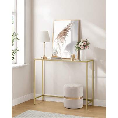 Mesa de Consola, Mesa de Entrada, Extremo del Sofá, Tablero de Vidrio Templado, Marco de Metal, Resistente, Patas Ajustables, para Salón, Entrada, Pasillo, Dorado y Transparente