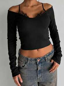 Kaos Lengan Panjang Wanita Model Bahu Terbuka, Desain Kamisol Berlapis Renda Bergaris, Atasan Pendek Pas Badan, Gaya Jalanan Y2K 2 in 1 - Hitam - View 5