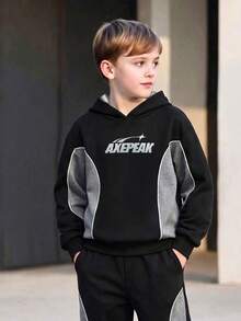 Tween Boy Autumn/Winter 2 Pieces Set, Side Patchwork Long Sleeve Top With Matching Cuffed Sweatpants, Logo Print Top And Bottom, Cool Casual Outfit - Black - View 5