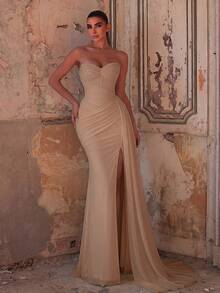 Faeriesty Elegant Women's Strapless Mesh Fabric Mermaid Ball Gown, With Ruched Bodice And Thigh Slit, Charming Long Formal Evening Dress Wedding Party Fall - Khaki - View 3