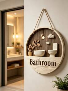 Modern Wooden Bathroom Sign, Vintage Decorative Hanging Ornament, Home Bathroom Wall Art/Desktop Decor - Multicolor - View 3