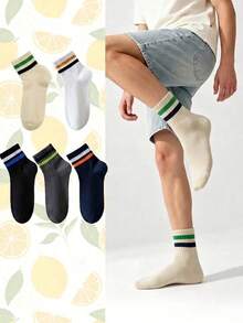 5 Pairs Men's Back To School Contrast Striped Mid-Calf Socks, Comfortable Moisture-Wicking Versatile Casual Sports Socks - Multicolor - View 1