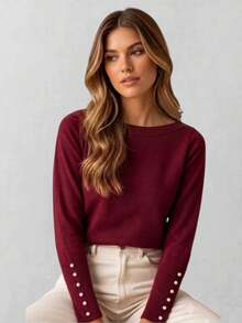 Basic Knit Sweater Blouse With Pearls, Modal Fiber, Nighttime - Redwood - View 1