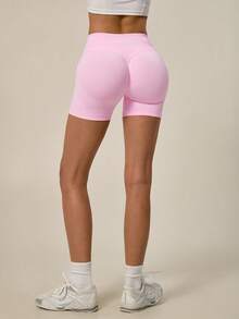 TimeOff 1 pieza de shorts deportivos de mujer de unicolor con cintura alta, banda de cintura acanalada y glúteos fruncidos - Rosa - Ver 10